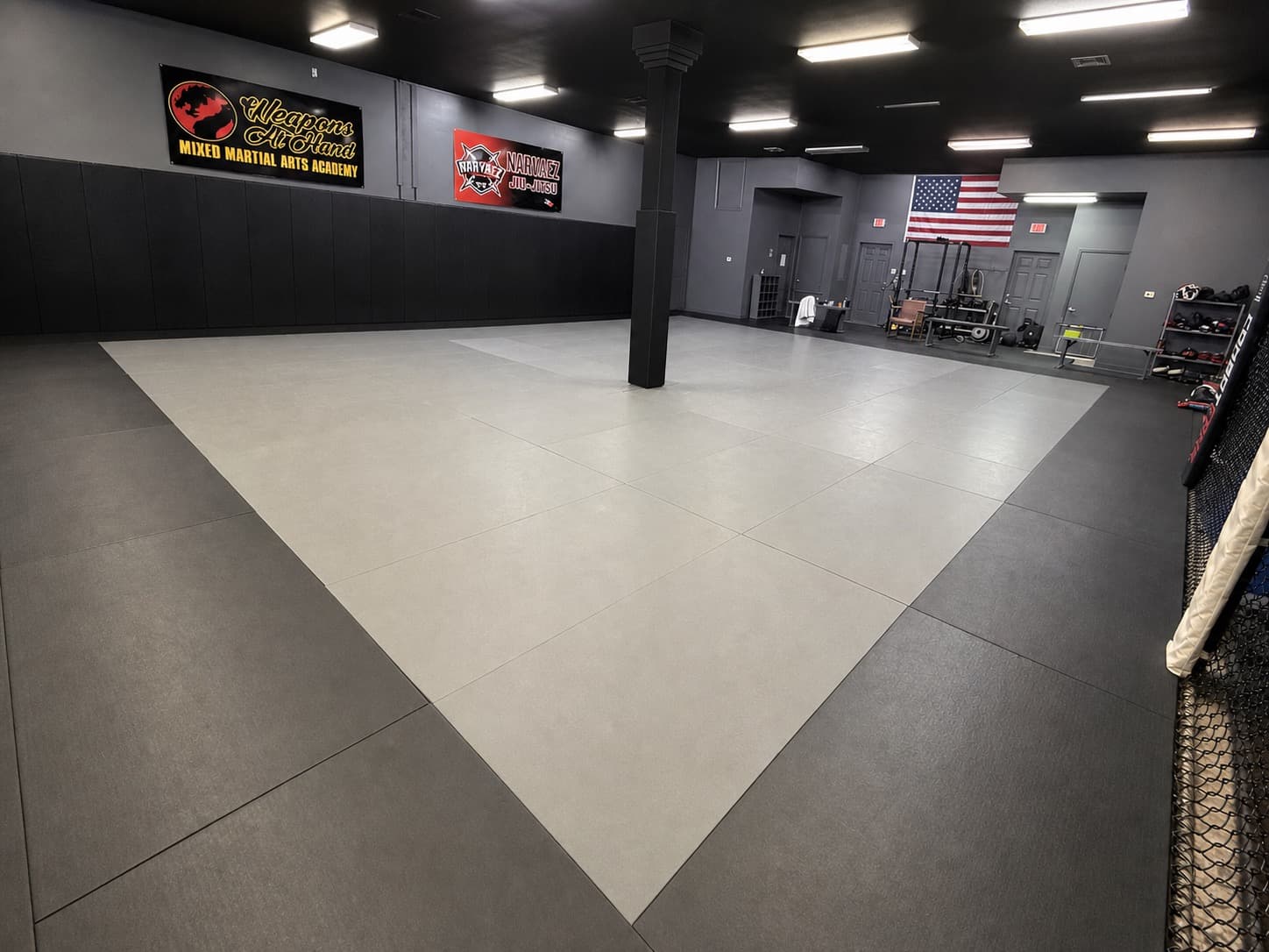 Wide angle shot of the gym mat space 